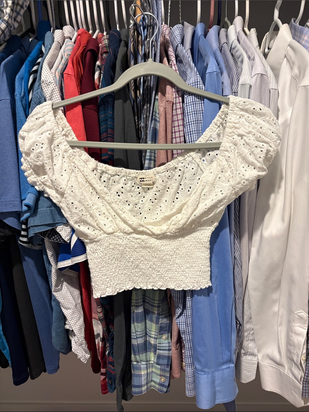 Billabong White Eyelet Smocked Off-Shoulder Crop Blouse